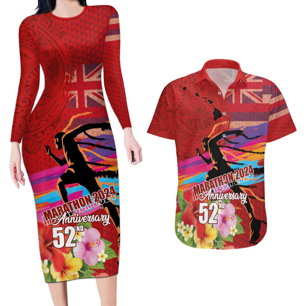 Honolulu Anniversary 52nd Running Couples Matching Long Sleeve Bodycon Dress and Hawaiian Shirt Marathon Competition Kakau Pattern Red Color