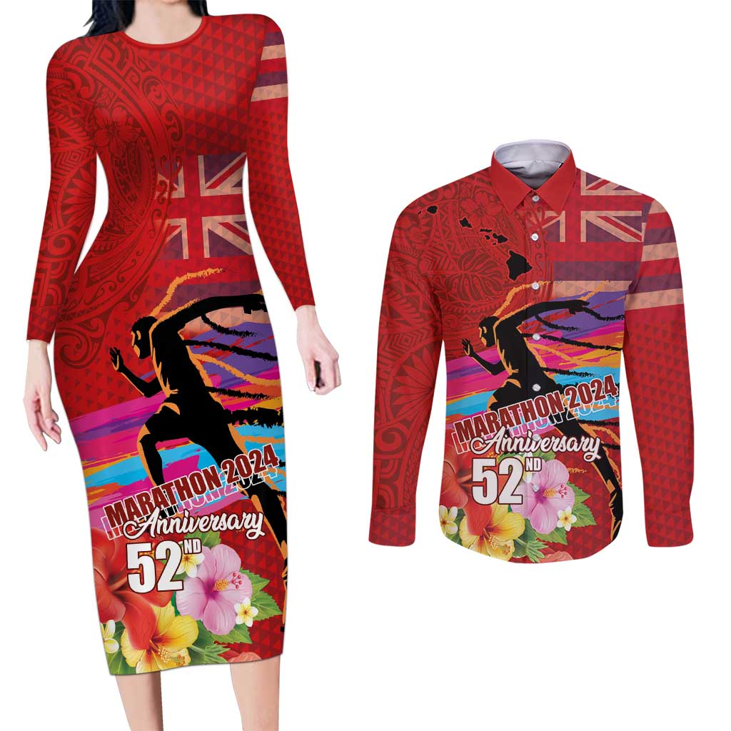 Honolulu Anniversary 52nd Running Couples Matching Long Sleeve Bodycon Dress and Long Sleeve Button Shirt Marathon Competition Kakau Pattern Red Color LT03 Red - Polynesian Pride