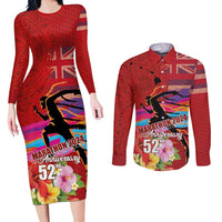 Honolulu Anniversary 52nd Running Couples Matching Long Sleeve Bodycon Dress and Long Sleeve Button Shirt Marathon Competition Kakau Pattern Red Color LT03 Red - Polynesian Pride