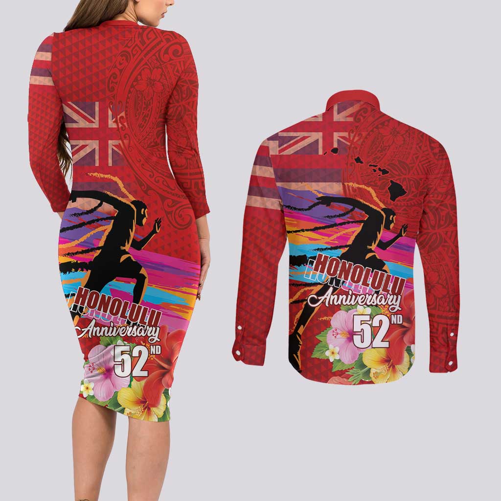 Honolulu Anniversary 52nd Running Couples Matching Long Sleeve Bodycon Dress and Long Sleeve Button Shirt Marathon Competition Kakau Pattern Red Color LT03 - Polynesian Pride