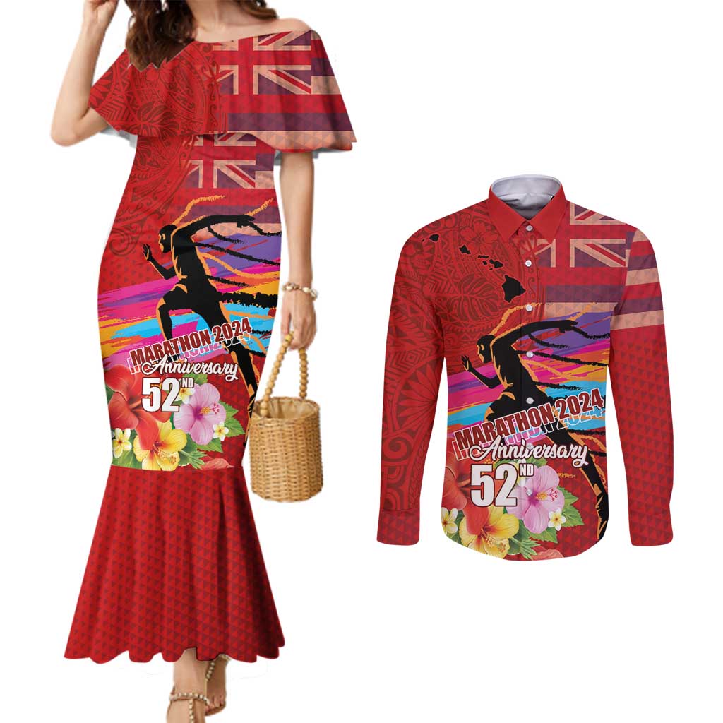 Honolulu Anniversary 52nd Running Couples Matching Mermaid Dress and Long Sleeve Button Shirt Marathon Competition Kakau Pattern Red Color LT03 Red - Polynesian Pride