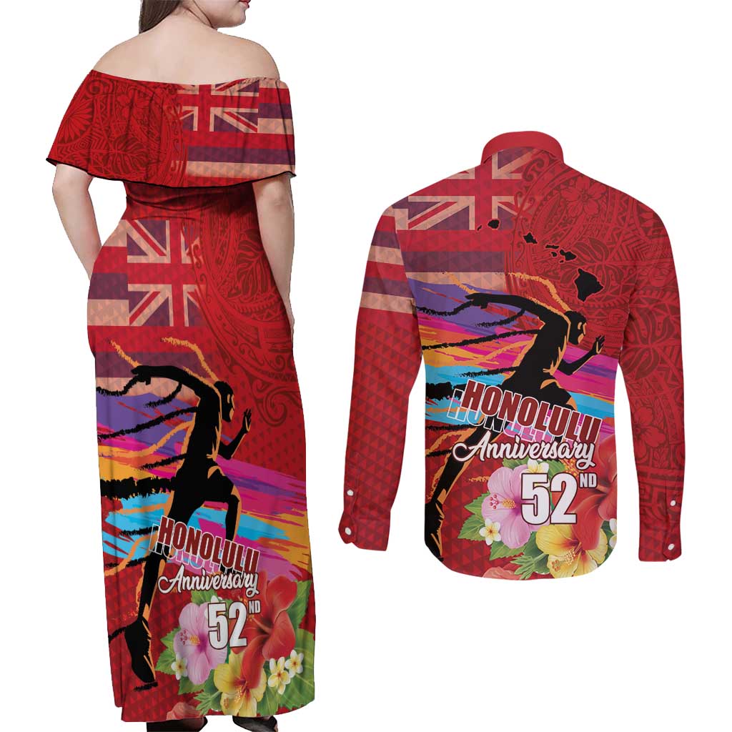 Honolulu Anniversary 52nd Running Couples Matching Off Shoulder Maxi Dress and Long Sleeve Button Shirt Marathon Competition Kakau Pattern Red Color LT03 - Polynesian Pride