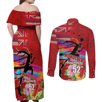 Honolulu Anniversary 52nd Running Couples Matching Off Shoulder Maxi Dress and Long Sleeve Button Shirt Marathon Competition Kakau Pattern Red Color LT03 - Polynesian Pride