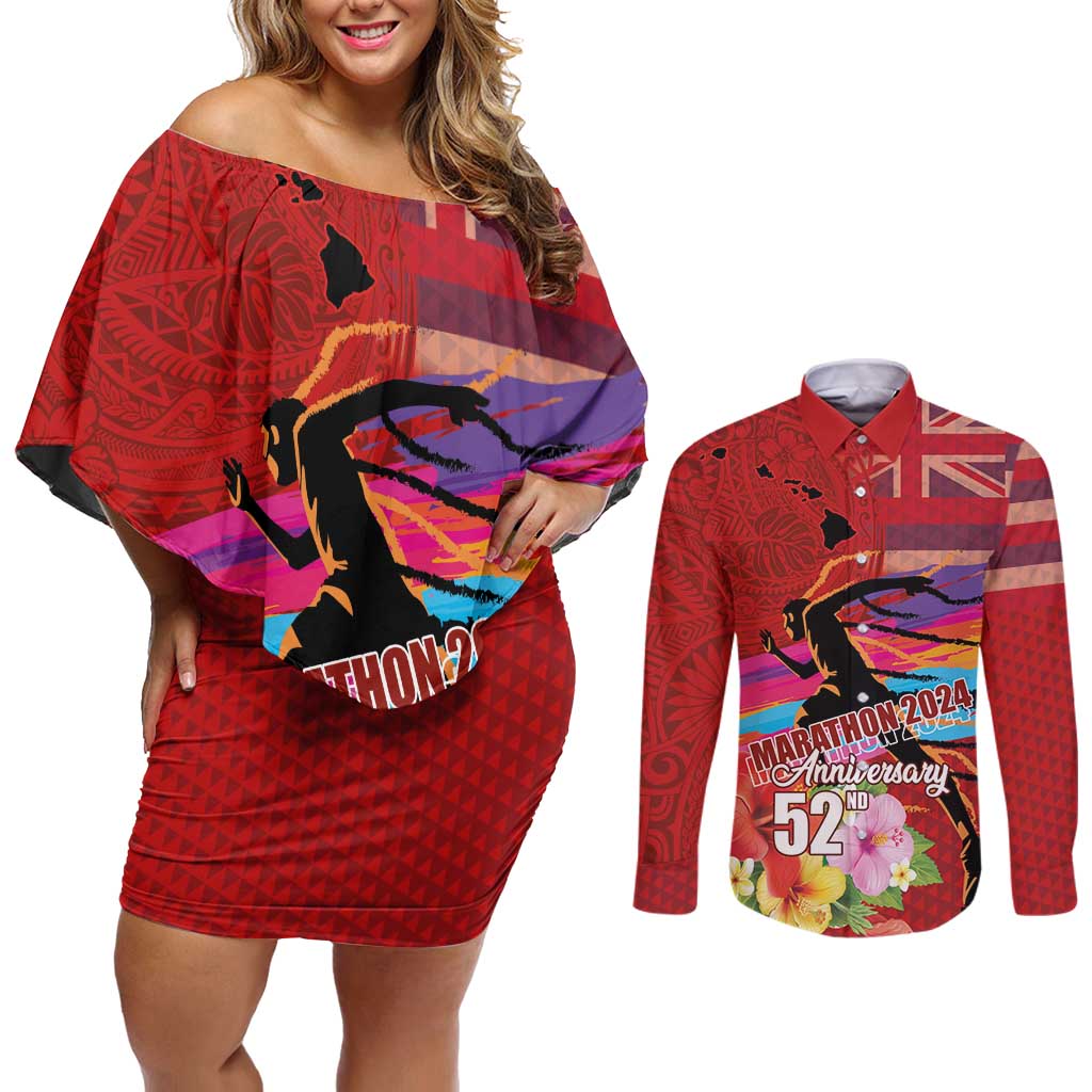 Honolulu Anniversary 52nd Running Couples Matching Off Shoulder Short Dress and Long Sleeve Button Shirt Marathon Competition Kakau Pattern Red Color LT03 Red - Polynesian Pride