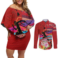 Honolulu Anniversary 52nd Running Couples Matching Off Shoulder Short Dress and Long Sleeve Button Shirt Marathon Competition Kakau Pattern Red Color LT03 Red - Polynesian Pride