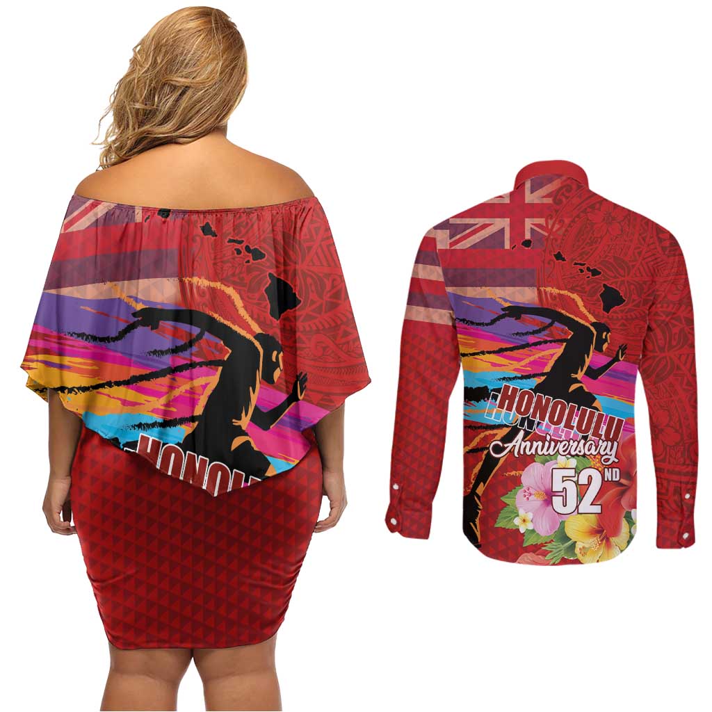 Honolulu Anniversary 52nd Running Couples Matching Off Shoulder Short Dress and Long Sleeve Button Shirt Marathon Competition Kakau Pattern Red Color LT03 - Polynesian Pride