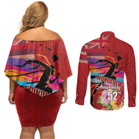 Honolulu Anniversary 52nd Running Couples Matching Off Shoulder Short Dress and Long Sleeve Button Shirt Marathon Competition Kakau Pattern Red Color LT03 - Polynesian Pride