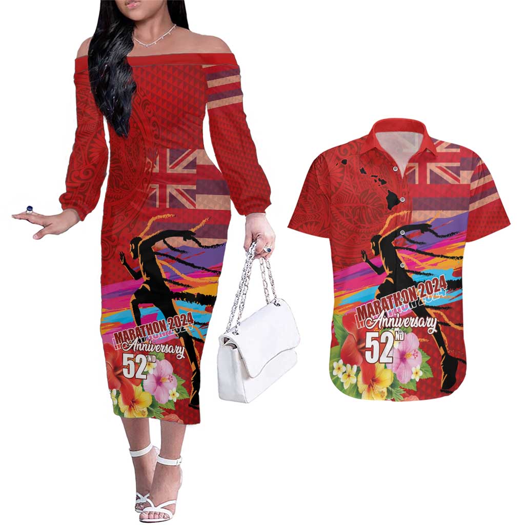 Honolulu Anniversary 52nd Running Couples Matching Off The Shoulder Long Sleeve Dress and Hawaiian Shirt Marathon Competition Kakau Pattern Red Color LT03 Red - Polynesian Pride