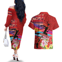 Honolulu Anniversary 52nd Running Couples Matching Off The Shoulder Long Sleeve Dress and Hawaiian Shirt Marathon Competition Kakau Pattern Red Color LT03 - Polynesian Pride