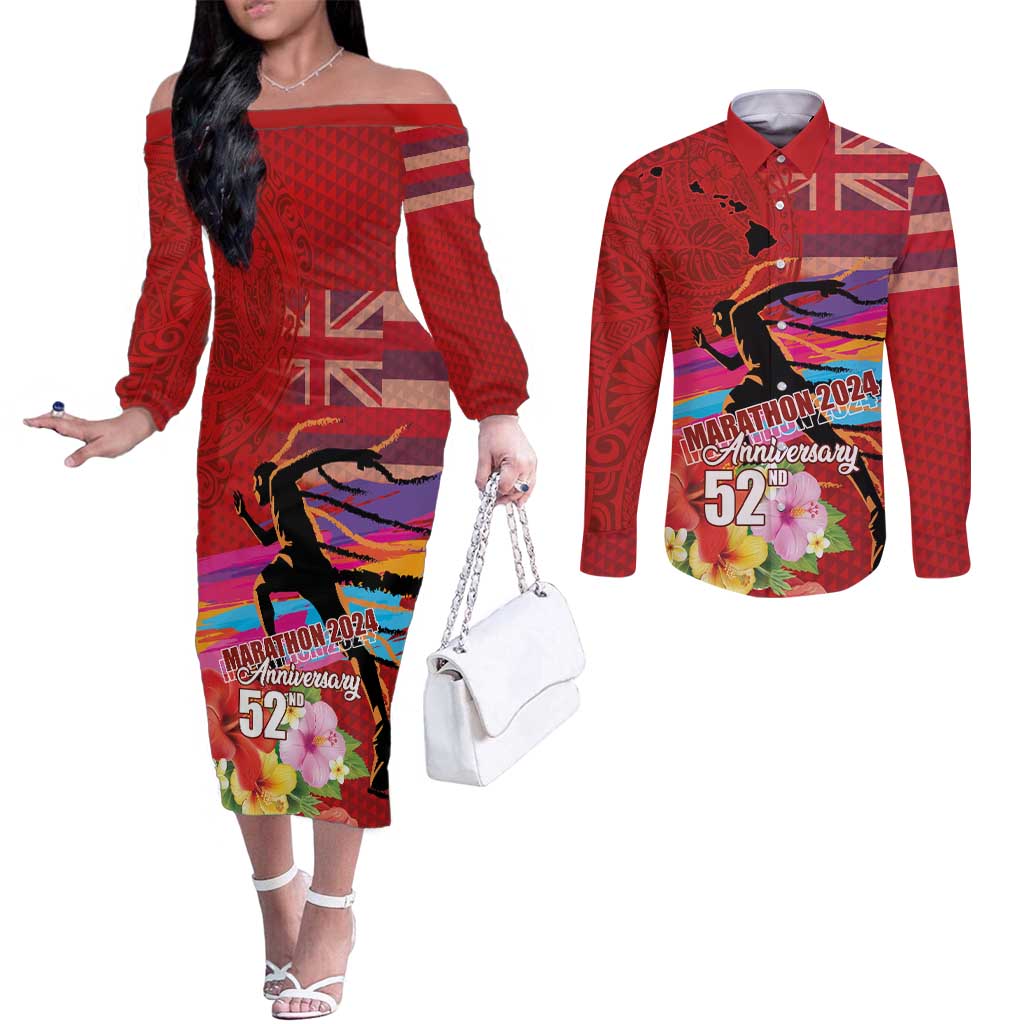 Honolulu Anniversary 52nd Running Couples Matching Off The Shoulder Long Sleeve Dress and Long Sleeve Button Shirt Marathon Competition Kakau Pattern Red Color LT03 Red - Polynesian Pride
