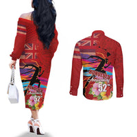 Honolulu Anniversary 52nd Running Couples Matching Off The Shoulder Long Sleeve Dress and Long Sleeve Button Shirt Marathon Competition Kakau Pattern Red Color LT03 - Polynesian Pride