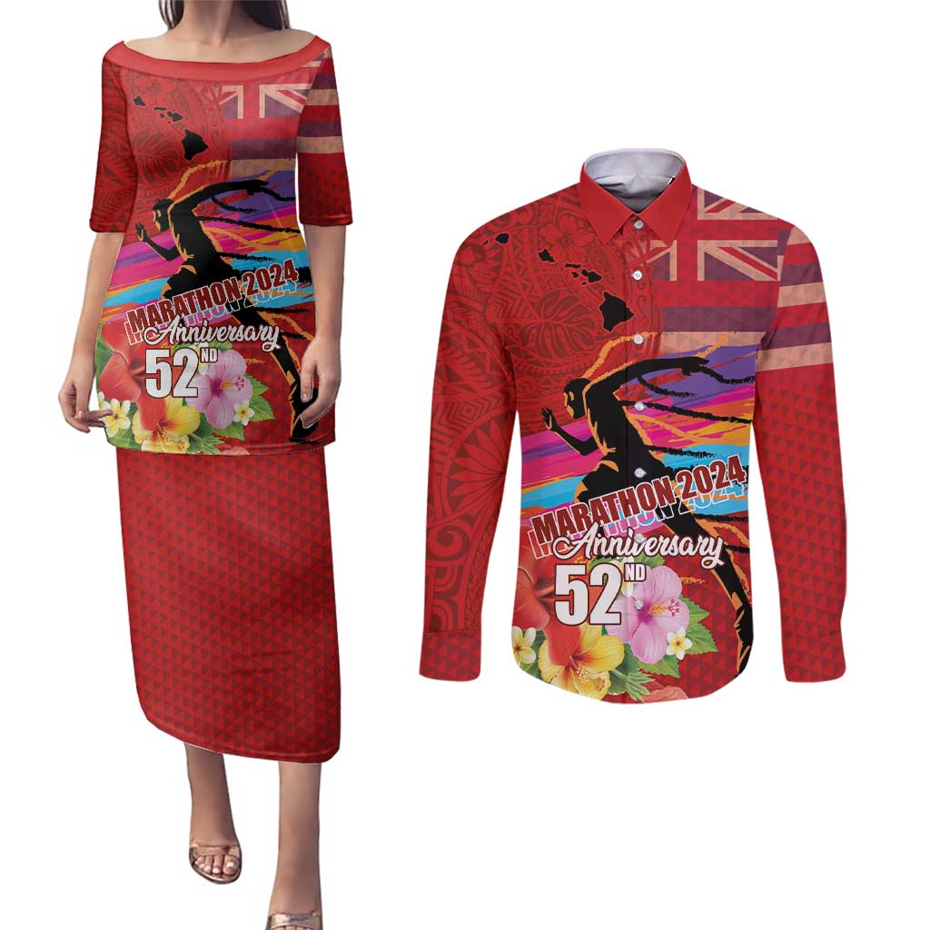 Honolulu Anniversary 52nd Running Couples Matching Puletasi and Long Sleeve Button Shirt Marathon Competition Kakau Pattern Red Color LT03 Red - Polynesian Pride