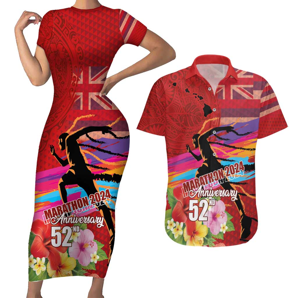 Honolulu Anniversary 52nd Running Couples Matching Short Sleeve Bodycon Dress and Hawaiian Shirt Marathon Competition Kakau Pattern Red Color