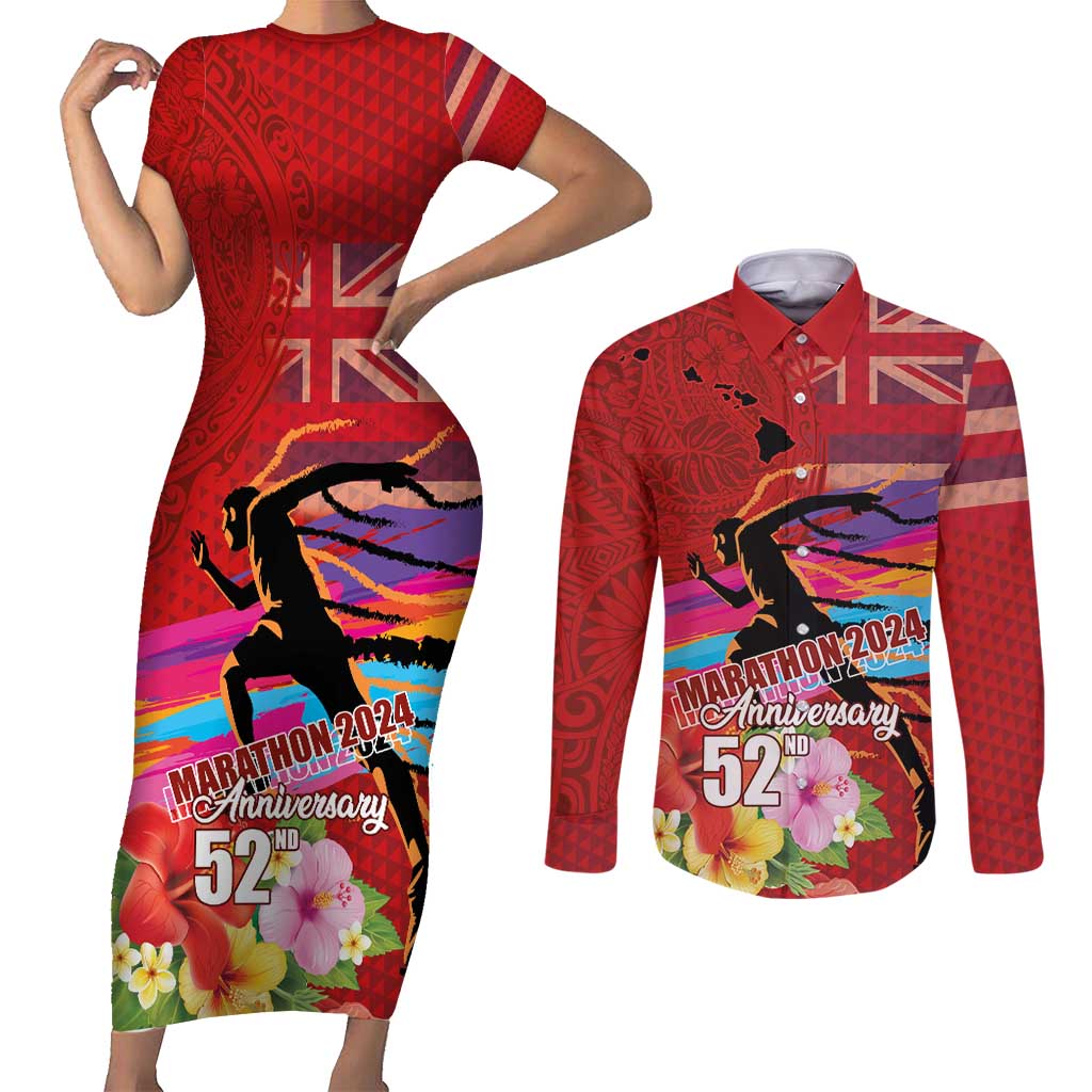 Honolulu Anniversary 52nd Running Couples Matching Short Sleeve Bodycon Dress and Long Sleeve Button Shirt Marathon Competition Kakau Pattern Red Color LT03 Red - Polynesian Pride