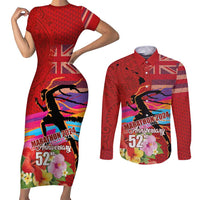 Honolulu Anniversary 52nd Running Couples Matching Short Sleeve Bodycon Dress and Long Sleeve Button Shirt Marathon Competition Kakau Pattern Red Color LT03 Red - Polynesian Pride