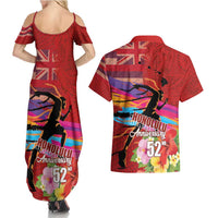 Honolulu Anniversary 52nd Running Couples Matching Summer Maxi Dress and Hawaiian Shirt Marathon Competition Kakau Pattern Red Color LT03 - Polynesian Pride