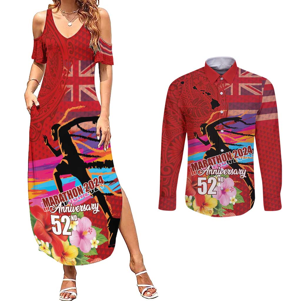 Honolulu Anniversary 52nd Running Couples Matching Summer Maxi Dress and Long Sleeve Button Shirt Marathon Competition Kakau Pattern Red Color LT03 Red - Polynesian Pride