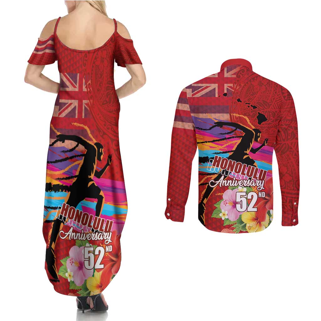 Honolulu Anniversary 52nd Running Couples Matching Summer Maxi Dress and Long Sleeve Button Shirt Marathon Competition Kakau Pattern Red Color LT03 - Polynesian Pride