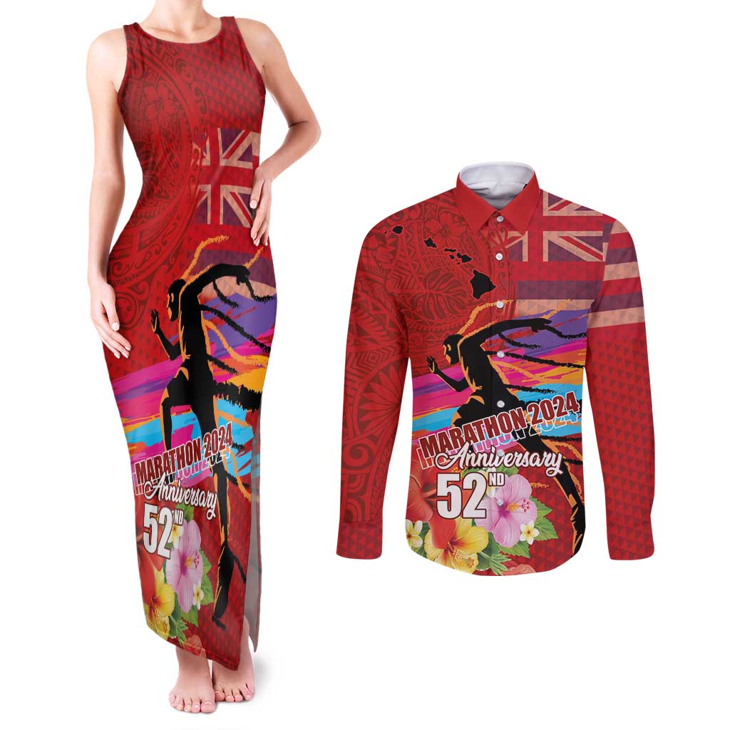 Honolulu Anniversary 52nd Running Couples Matching Tank Maxi Dress and Long Sleeve Button Shirt Marathon Competition Kakau Pattern Red Color LT03 Red - Polynesian Pride