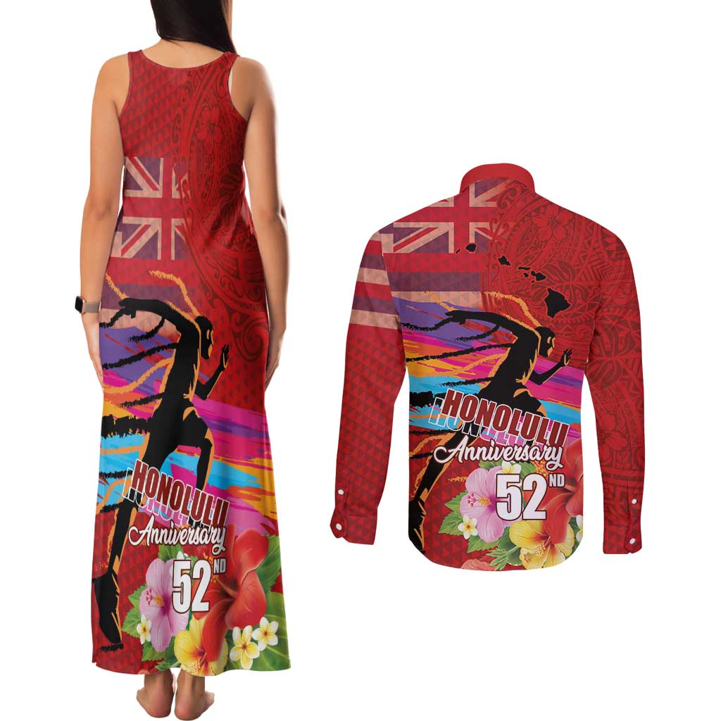 Honolulu Anniversary 52nd Running Couples Matching Tank Maxi Dress and Long Sleeve Button Shirt Marathon Competition Kakau Pattern Red Color LT03 - Polynesian Pride