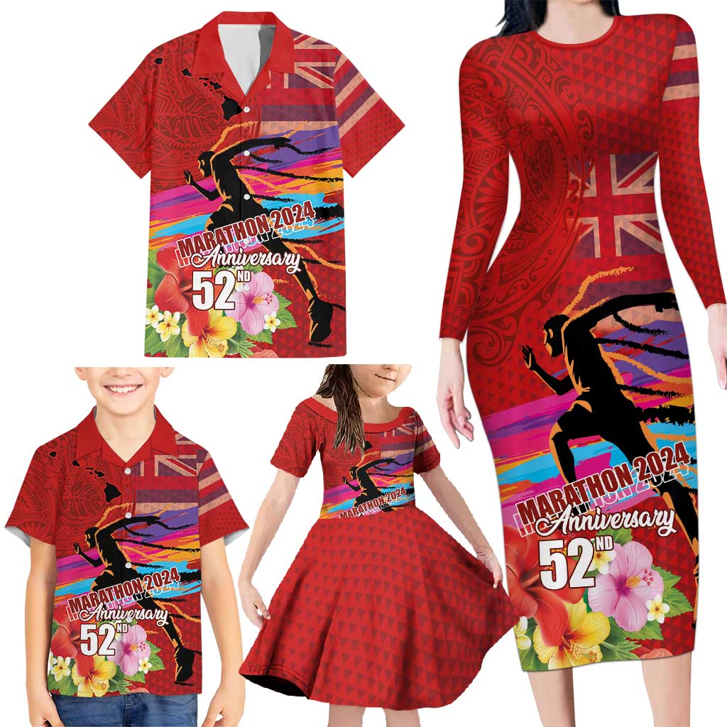 Honolulu Anniversary 52nd Running Family Matching Long Sleeve Bodycon Dress and Hawaiian Shirt Marathon Competition Kakau Pattern Red Color