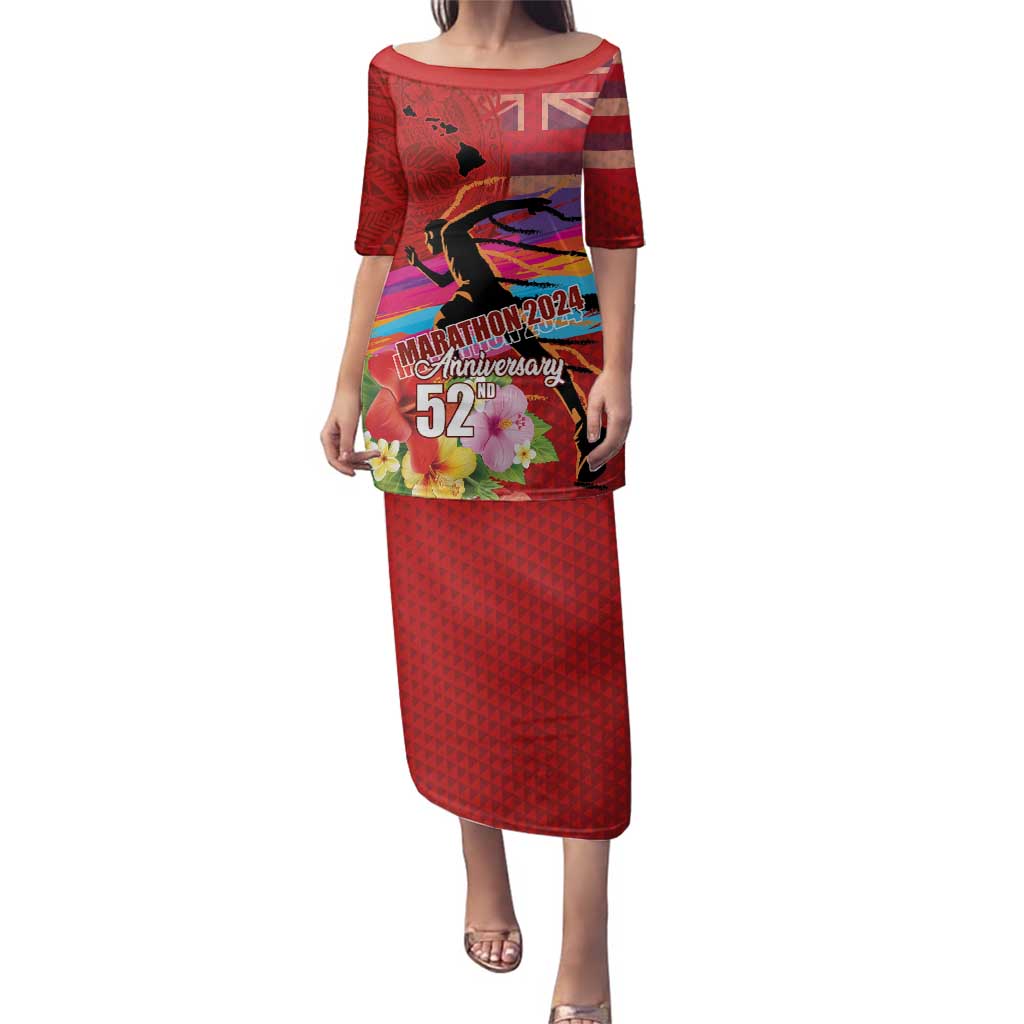 Honolulu Anniversary 52nd Running Family Matching Puletasi and Hawaiian Shirt Marathon Competition Kakau Pattern Red Color