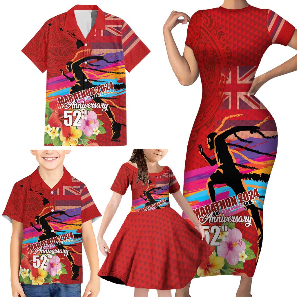 Honolulu Anniversary 52nd Running Family Matching Short Sleeve Bodycon Dress and Hawaiian Shirt Marathon Competition Kakau Pattern Red Color