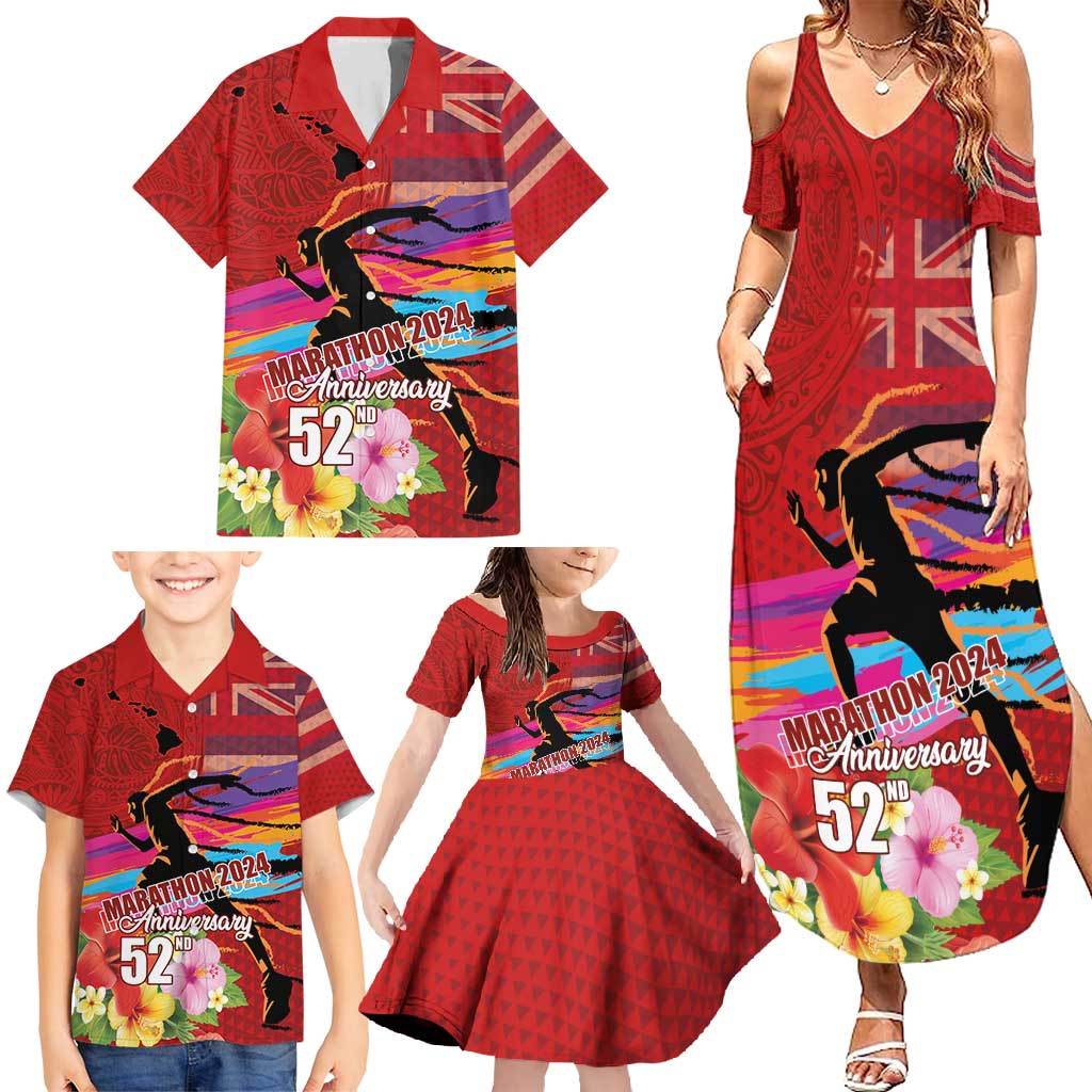 Honolulu Anniversary 52nd Running Family Matching Summer Maxi Dress and Hawaiian Shirt Marathon Competition Kakau Pattern Red Color