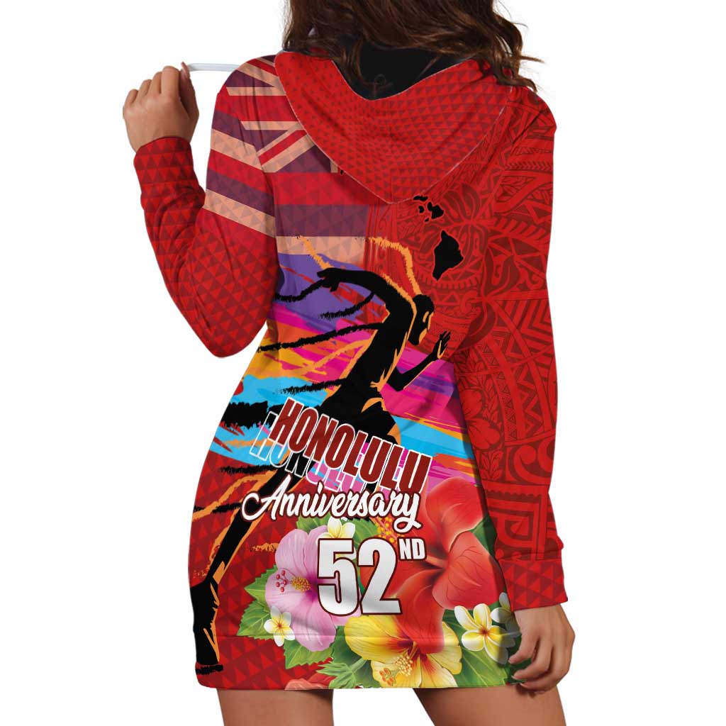 Honolulu Anniversary 52nd Running Hoodie Dress Marathon Competition Kakau Pattern Red Color LT03 - Polynesian Pride