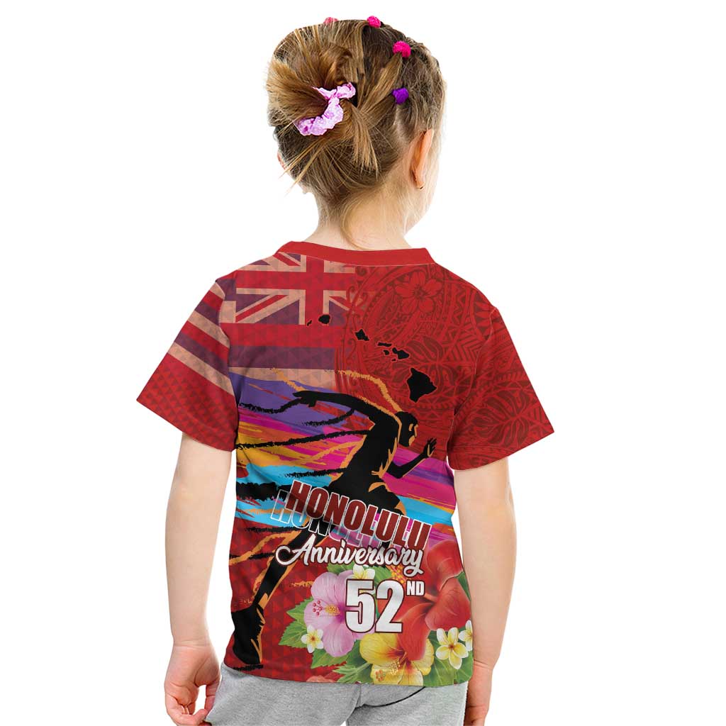 Honolulu Anniversary 52nd Running Kid T Shirt Marathon Competition Kakau Pattern Red Color