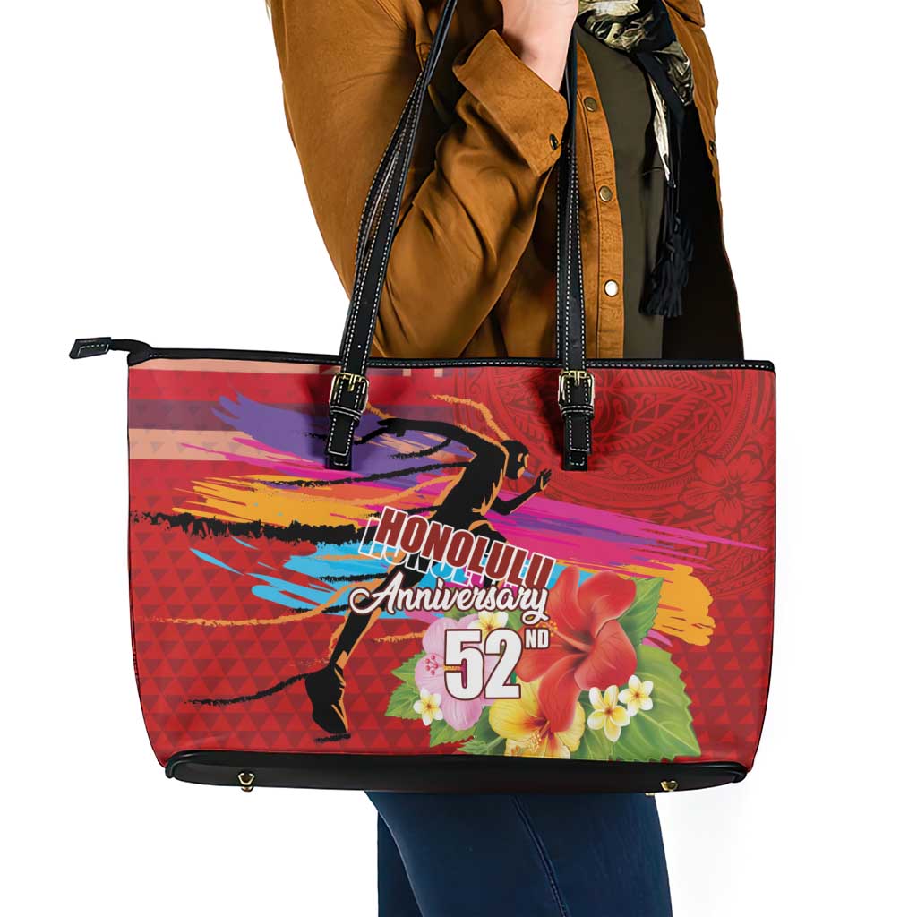 Honolulu Anniversary 52nd Running Leather Tote Bag Marathon Competition Kakau Pattern Red Color LT03 - Polynesian Pride