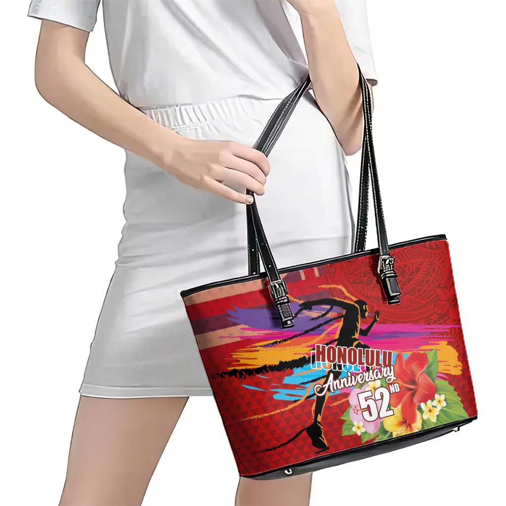 Honolulu Anniversary 52nd Running Leather Tote Bag Marathon Competition Kakau Pattern Red Color LT03 - Polynesian Pride