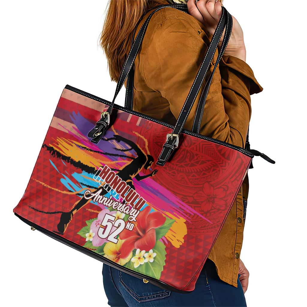 Honolulu Anniversary 52nd Running Leather Tote Bag Marathon Competition Kakau Pattern Red Color LT03 - Polynesian Pride