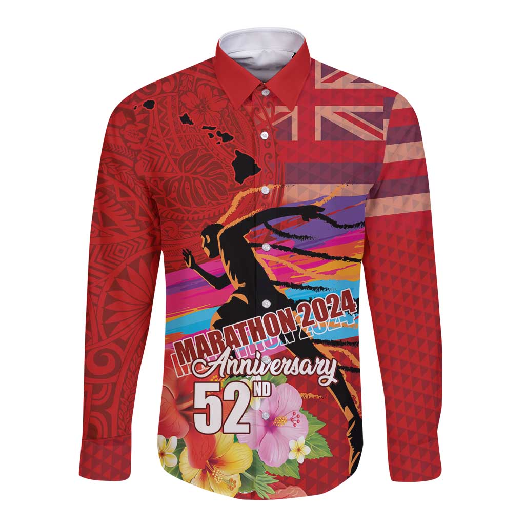 Honolulu Anniversary 52nd Running Long Sleeve Button Shirt Marathon Competition Kakau Pattern Red Color