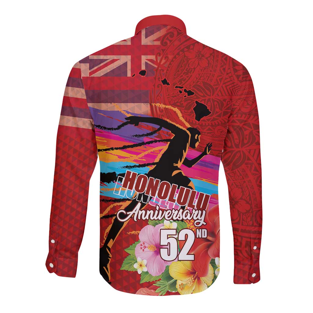 Honolulu Anniversary 52nd Running Long Sleeve Button Shirt Marathon Competition Kakau Pattern Red Color