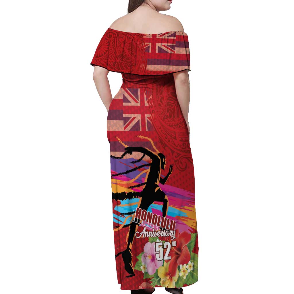 Honolulu Anniversary 52nd Running Off Shoulder Maxi Dress Marathon Competition Kakau Pattern Red Color