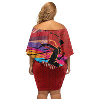 Honolulu Anniversary 52nd Running Off Shoulder Short Dress Marathon Competition Kakau Pattern Red Color LT03 - Polynesian Pride