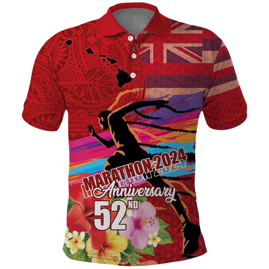 Honolulu Anniversary 52nd Running Polo Shirt Marathon Competition Kakau Pattern Red Color