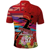 Honolulu Anniversary 52nd Running Polo Shirt Marathon Competition Kakau Pattern Red Color