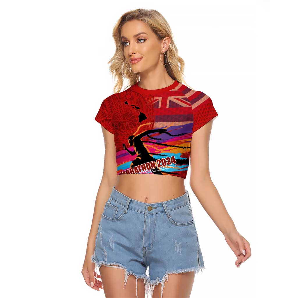Honolulu Anniversary 52nd Running Raglan Cropped T Shirt Marathon Competition Kakau Pattern Red Color LT03 Female Red - Polynesian Pride