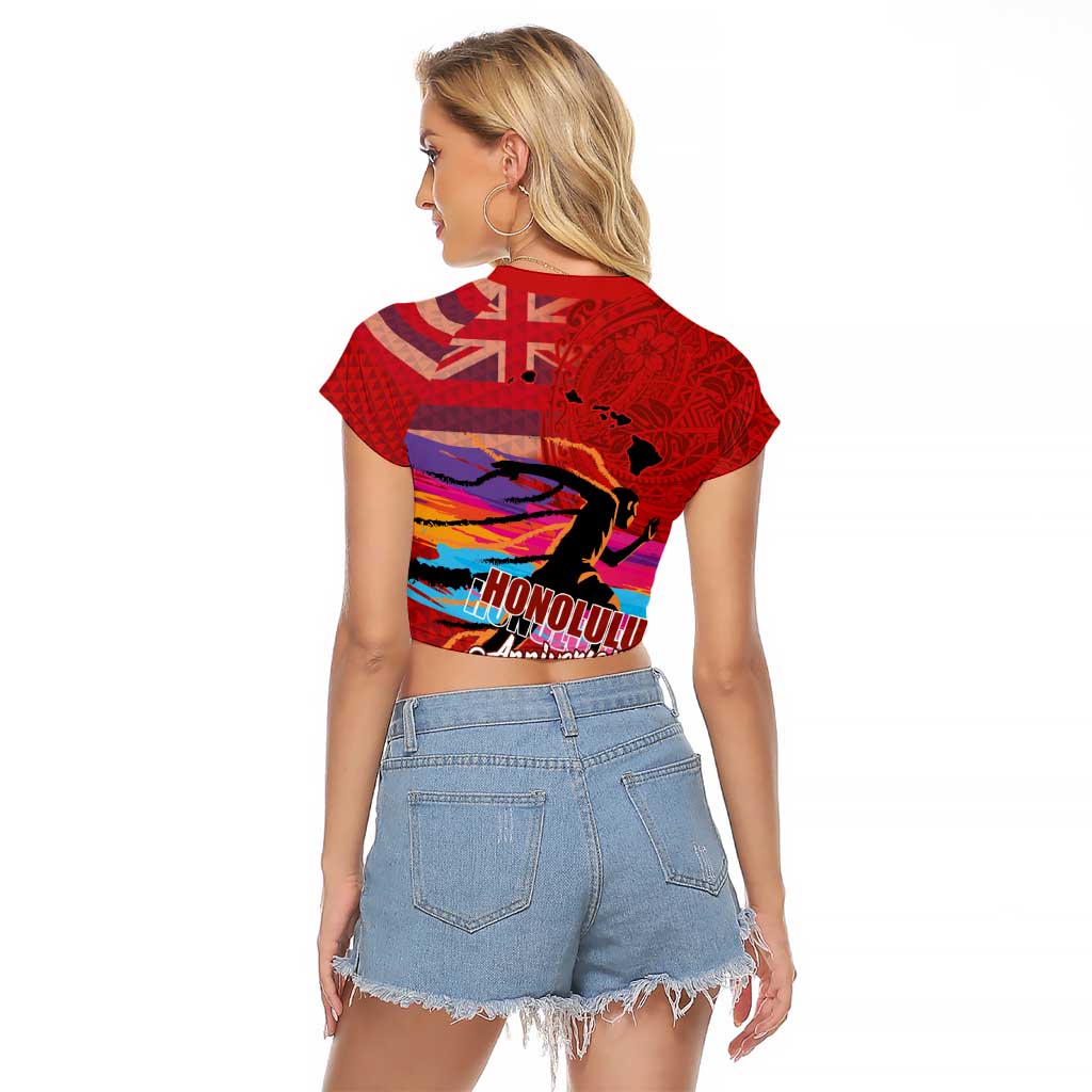 Honolulu Anniversary 52nd Running Raglan Cropped T Shirt Marathon Competition Kakau Pattern Red Color LT03 - Polynesian Pride