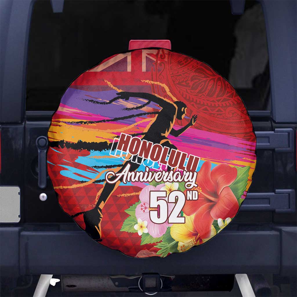 Honolulu Anniversary 52nd Running Spare Tire Cover Marathon Competition Kakau Pattern Red Color LT03 - Polynesian Pride