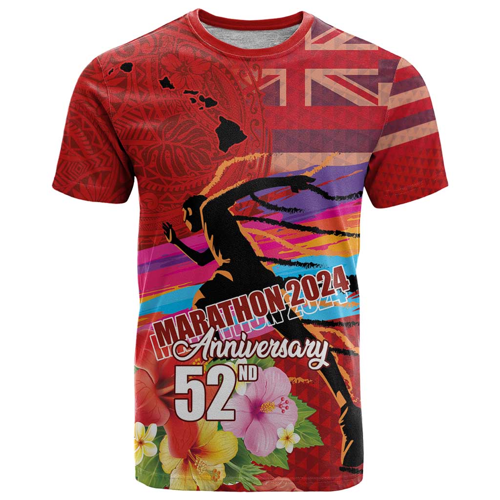 Honolulu Anniversary 52nd Running T Shirt Marathon Competition Kakau Pattern Red Color