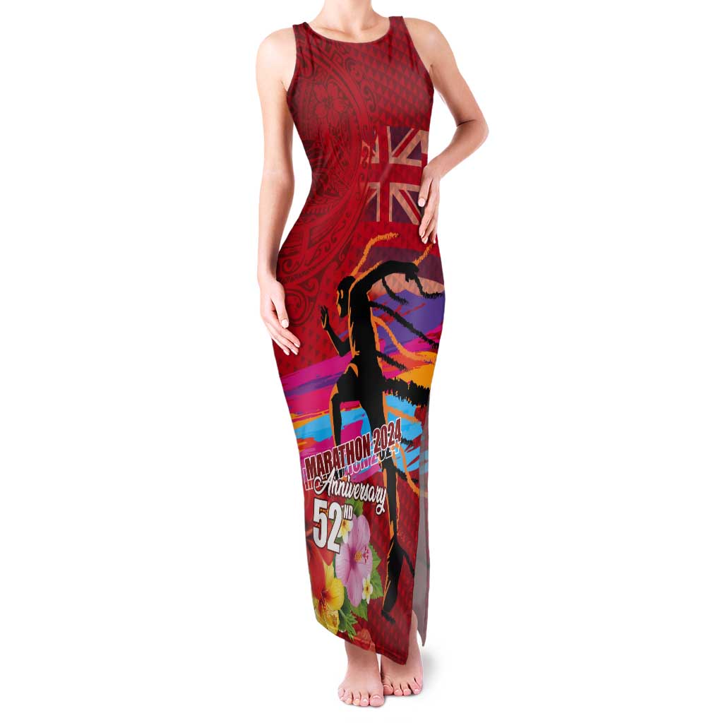 Honolulu Anniversary 52nd Running Tank Maxi Dress Marathon Competition Kakau Pattern Red Color LT03 Women Red - Polynesian Pride