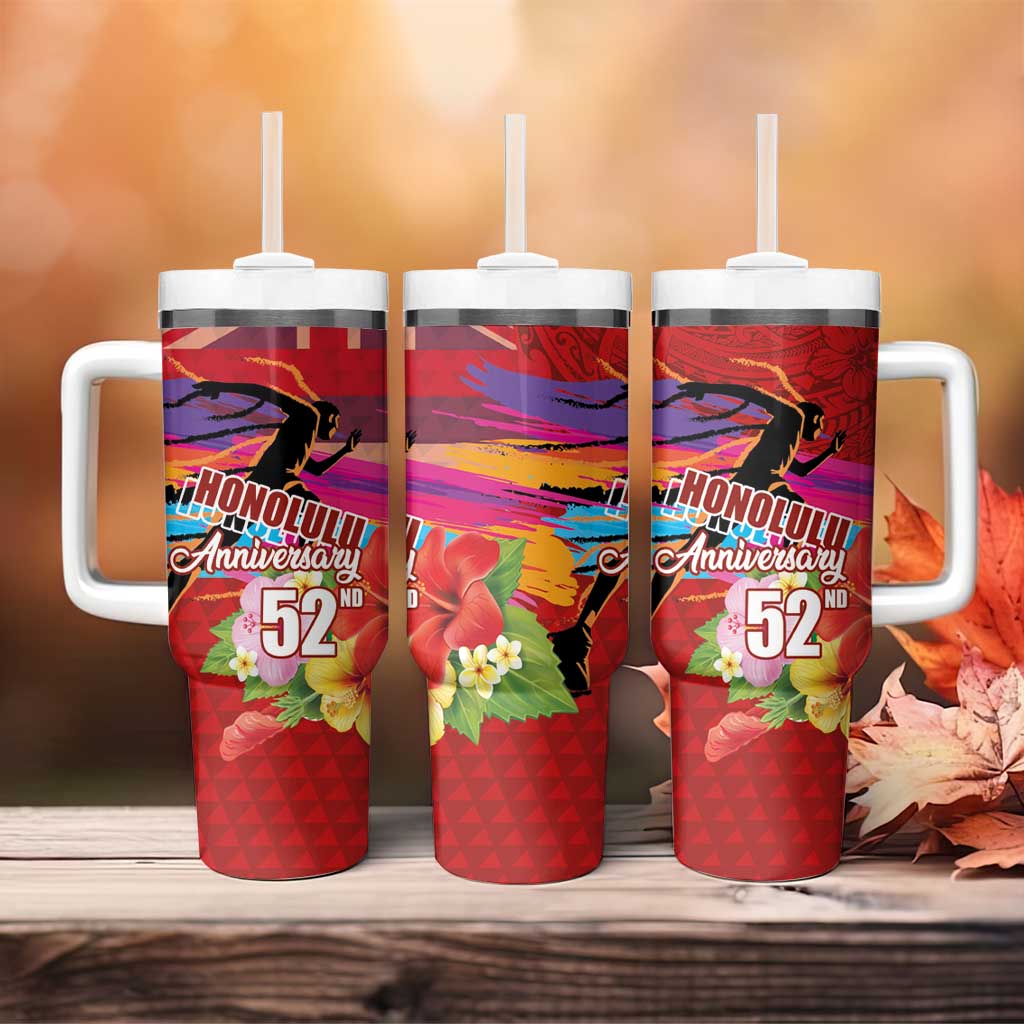 Honolulu Anniversary 52nd Running Tumbler With Handle Marathon Competition Kakau Pattern Red Color LT03 - Polynesian Pride