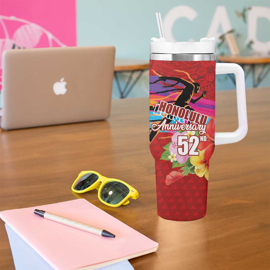 Honolulu Anniversary 52nd Running Tumbler With Handle Marathon Competition Kakau Pattern Red Color LT03 - Polynesian Pride