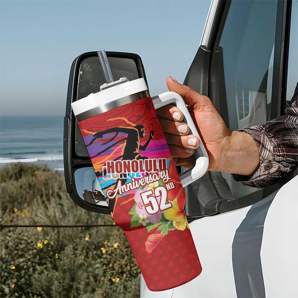 Honolulu Anniversary 52nd Running Tumbler With Handle Marathon Competition Kakau Pattern Red Color LT03 - Polynesian Pride