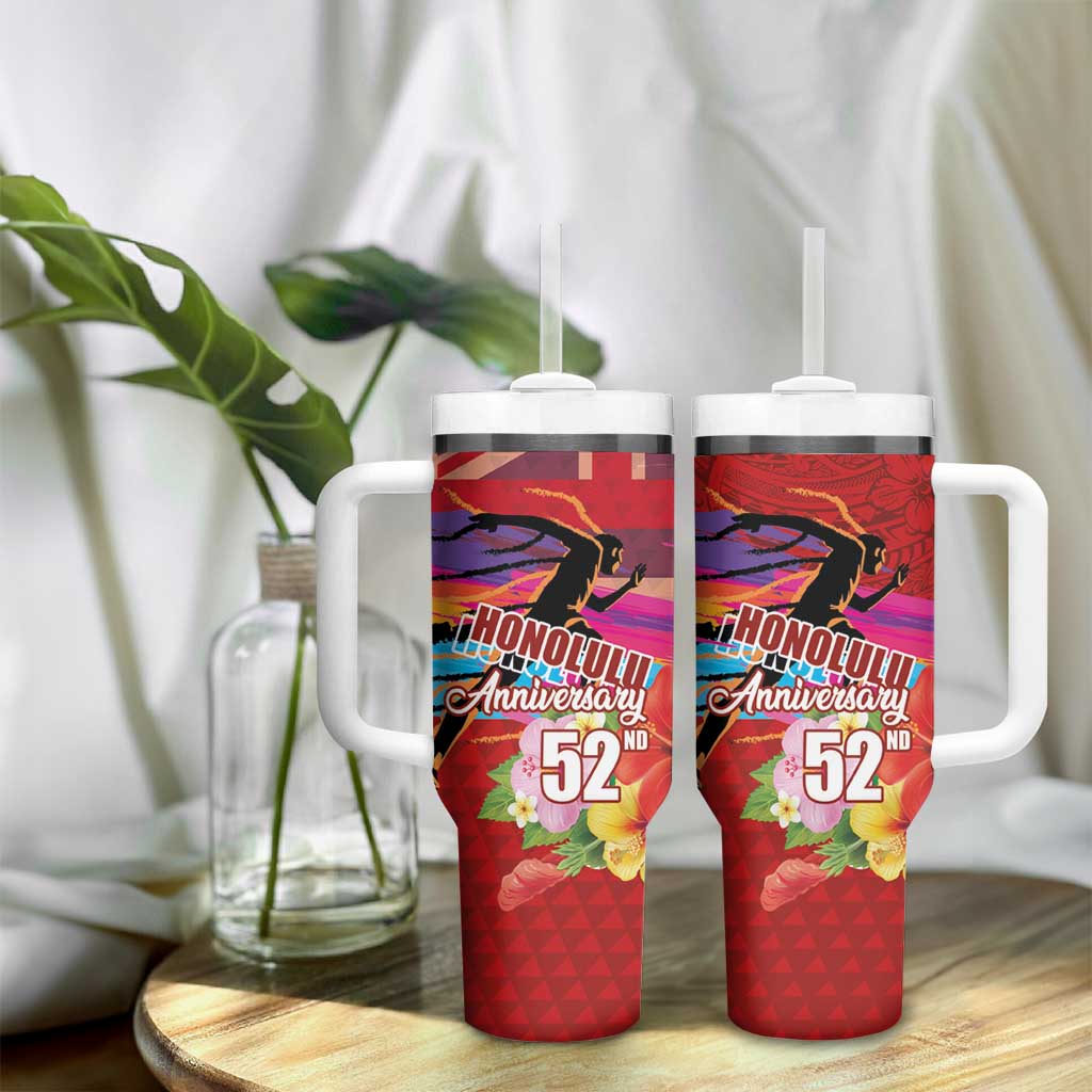 Honolulu Anniversary 52nd Running Tumbler With Handle Marathon Competition Kakau Pattern Red Color LT03 - Polynesian Pride