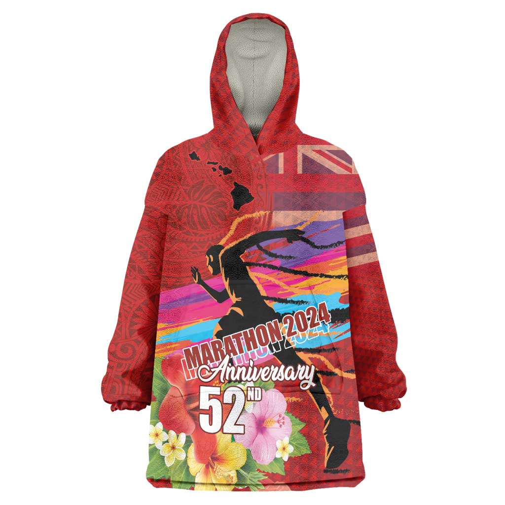 Honolulu Anniversary 52nd Running Wearable Blanket Hoodie Marathon Competition Kakau Pattern Red Color LT03 One Size Red - Polynesian Pride