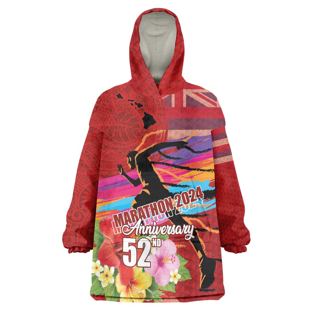 Honolulu Anniversary 52nd Running Wearable Blanket Hoodie Marathon Competition Kakau Pattern Red Color